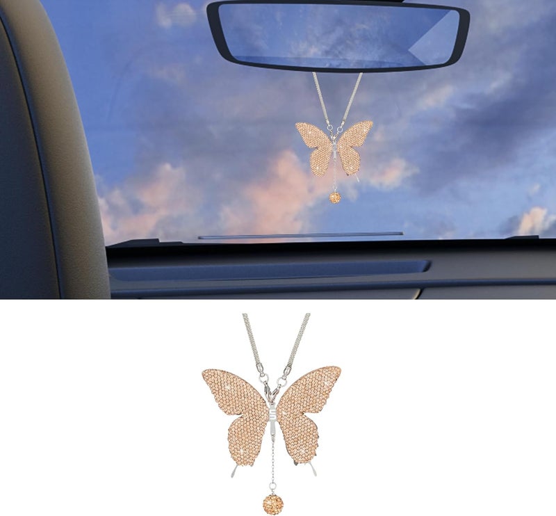 Couslcd Bling Butterfly Diamond Car Accessories, Crystal Car Rear View Mirror Charms for Women, Auto Decoration Lucky Hanging Interior Crystal Ornament Pendant Decor for All Cars (Peach) - Image 1